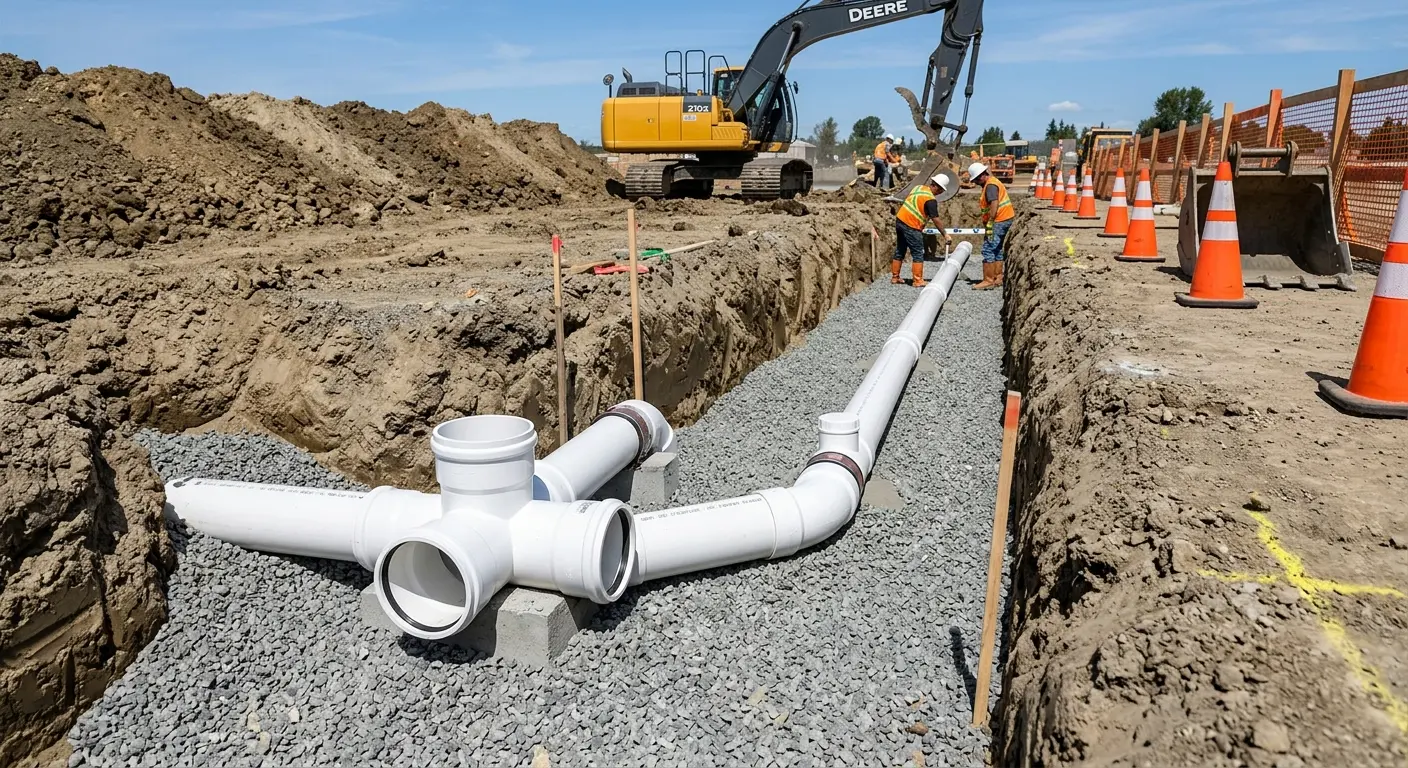 New PVC sewer pipe installation in open trench for Sewer Backup in Goulds