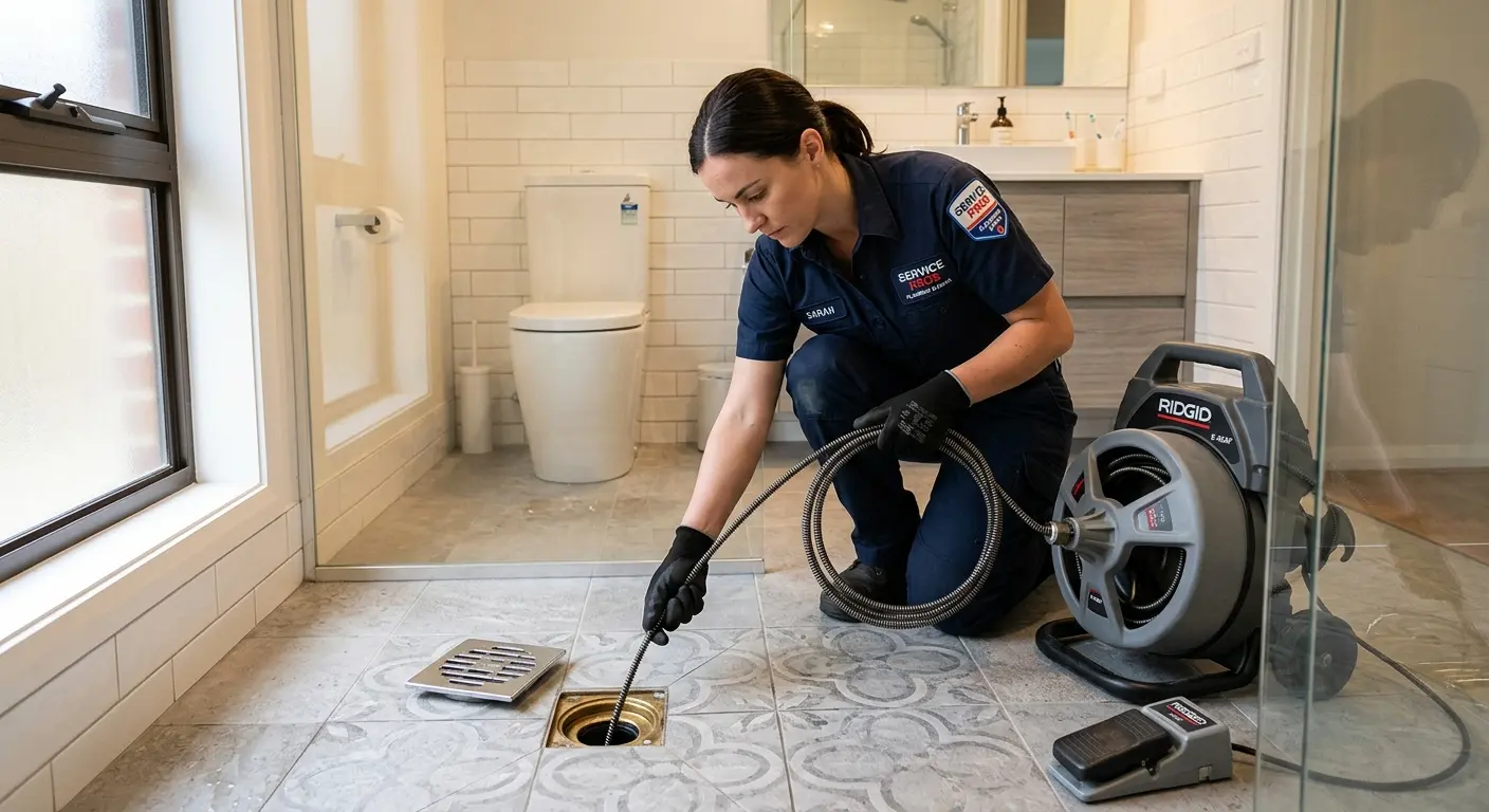 Technician clearing a bathroom floor drain for Drain Cleaning in Goulds